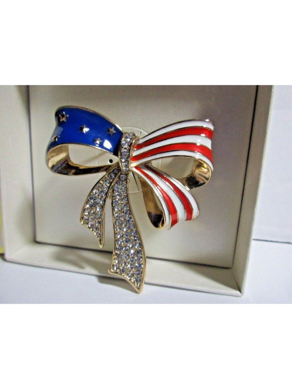 Anne Klein Brooch America Bow Pin 2.25" Wide Gold Tone Pave Rhinestones & Enamel